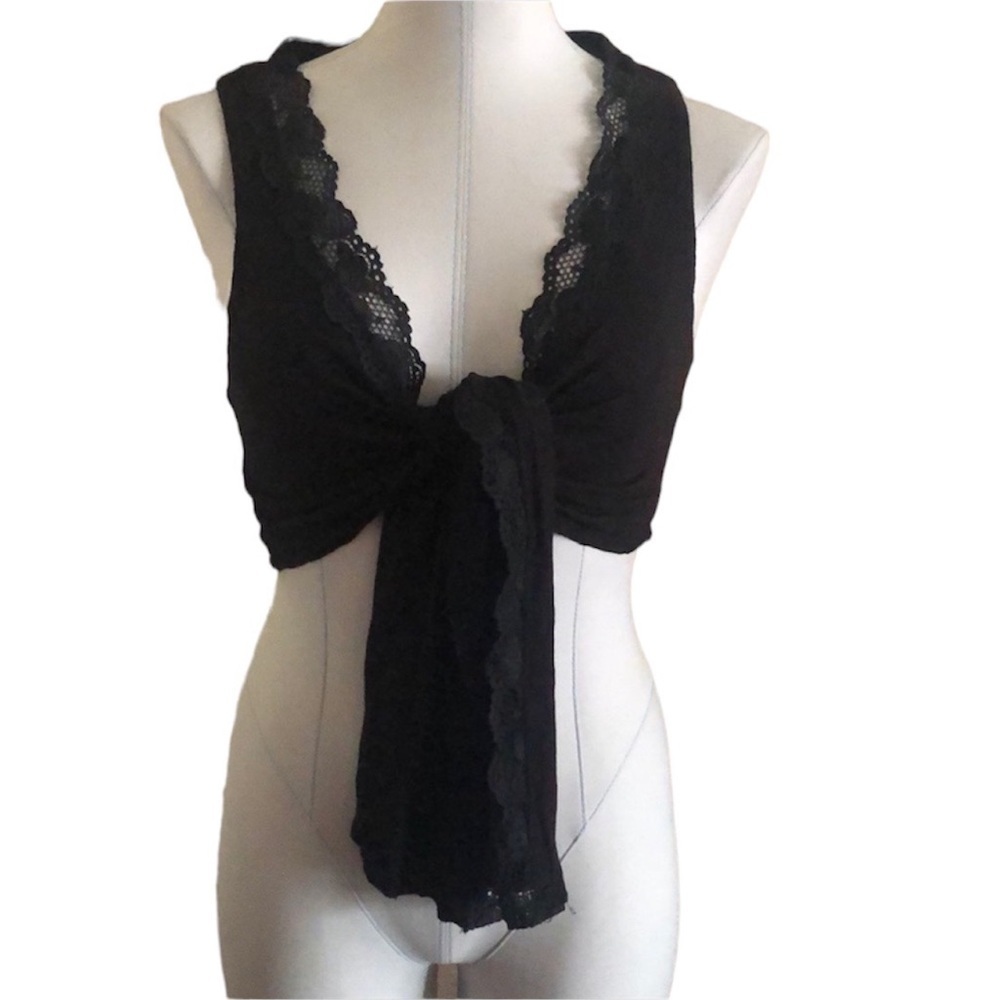 Vixen Black Lace Trim Tie Front Crop Tank Top XL